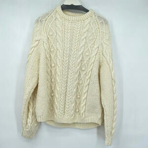 Unisex Homemade Handknit Cable Crew Fisher Cream Sweater Large
